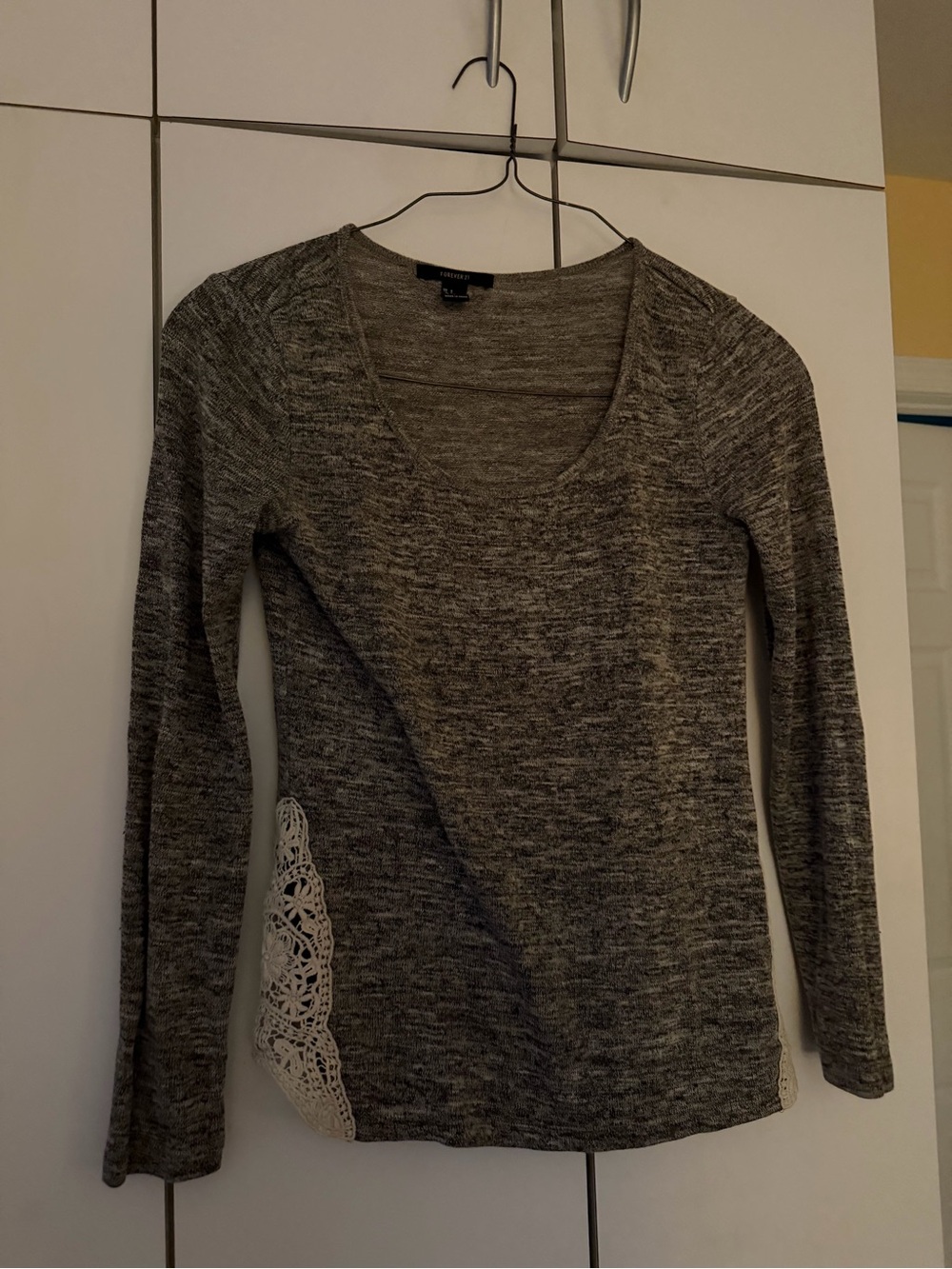 Forever 21 Gray Marled Long Sleeve Scoop Neck Top with Lace Trim
